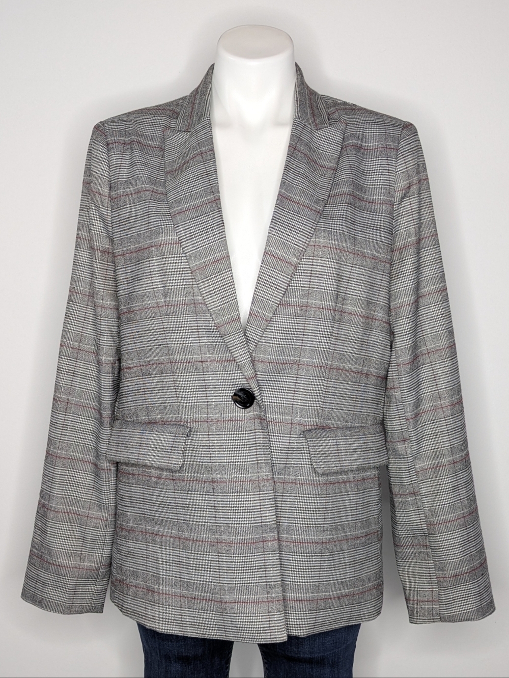 Evereve Black White Red Plaid Professional Business Career Blazer Jacket L